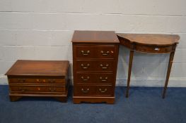 A YEWWOOD HALL TABLE, with a single drawer, along with a yewwood tv stand and a hi fi cabinet (3)