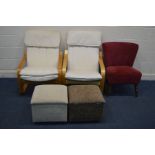 TWO BEECH ARMCHAIRS, along with an upholstered bedroom chair and two upholstered pouffe's (5)