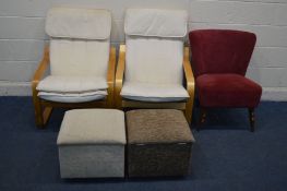 TWO BEECH ARMCHAIRS, along with an upholstered bedroom chair and two upholstered pouffe's (5)