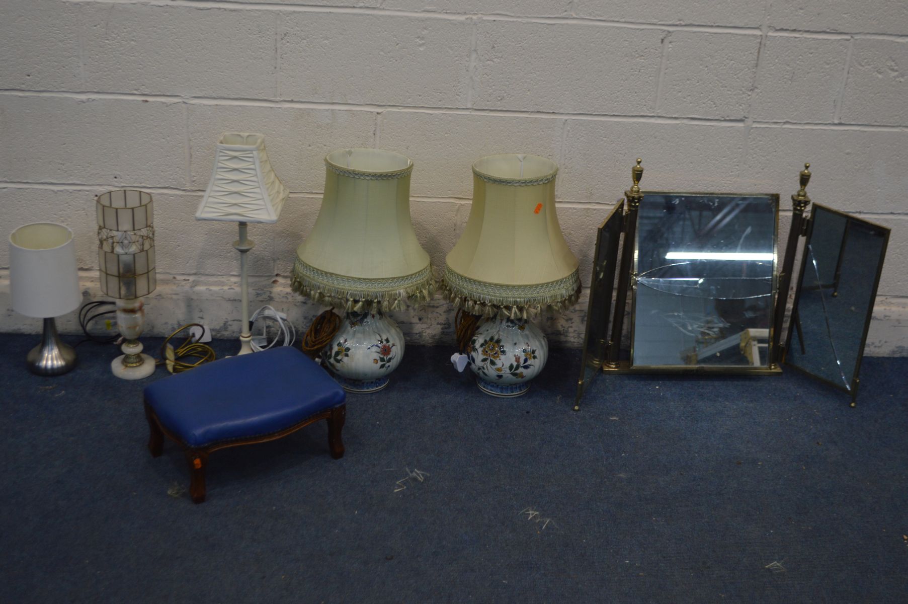 A PAIR OF CERAMIC FLORAL PATTERNED VASES, with later detachable light fittings, along with three