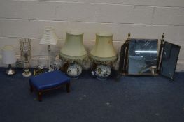 A PAIR OF CERAMIC FLORAL PATTERNED VASES, with later detachable light fittings, along with three