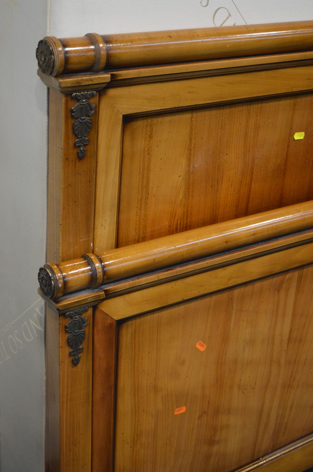 A 'AND SO TO BED, LONDON' EMPIRE STYLE CHERRYWOOD 6FT BEDSTEAD, with side rails, supports, - Image 3 of 6