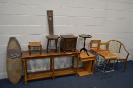 A CHERRYWOOD HALL TABLE with twin glass inserts, length 135cm x depth 41cm x height 70cm, along a