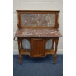 AN EDWARDIAN SATINWOOD MARBLE TOPPED WASHSTAND, with a raised marble back, width 95cm x depth 46cm x
