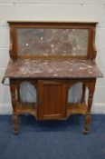 AN EDWARDIAN SATINWOOD MARBLE TOPPED WASHSTAND, with a raised marble back, width 95cm x depth 46cm x