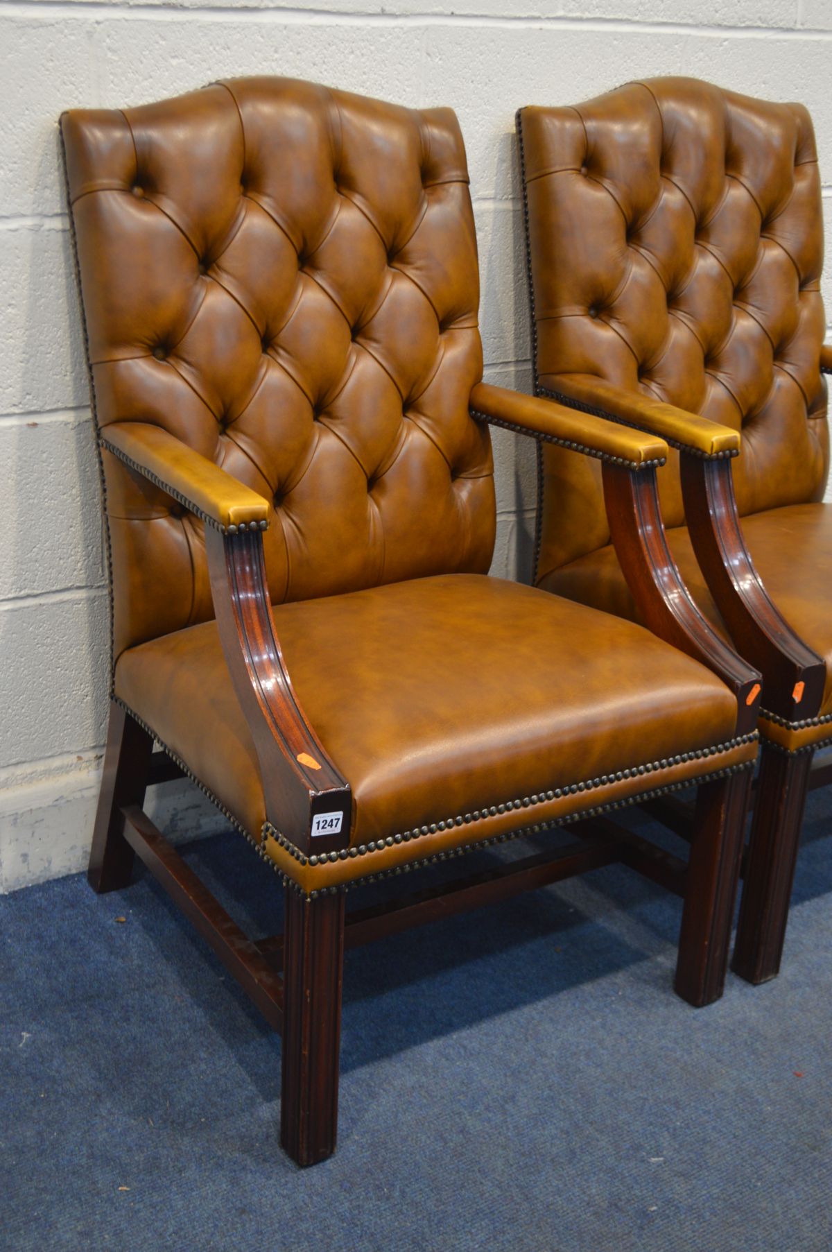 A PAIR OF TAN BUTTONED LEATHER AND MAHOGANY FRAMED OPEN ARMCHAIRS, width 60cm x depth 65cm x - Image 2 of 2