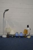 SEVEN VARIOUS LAMPS, to include an angle poise style lamp, a figural lamp, etc