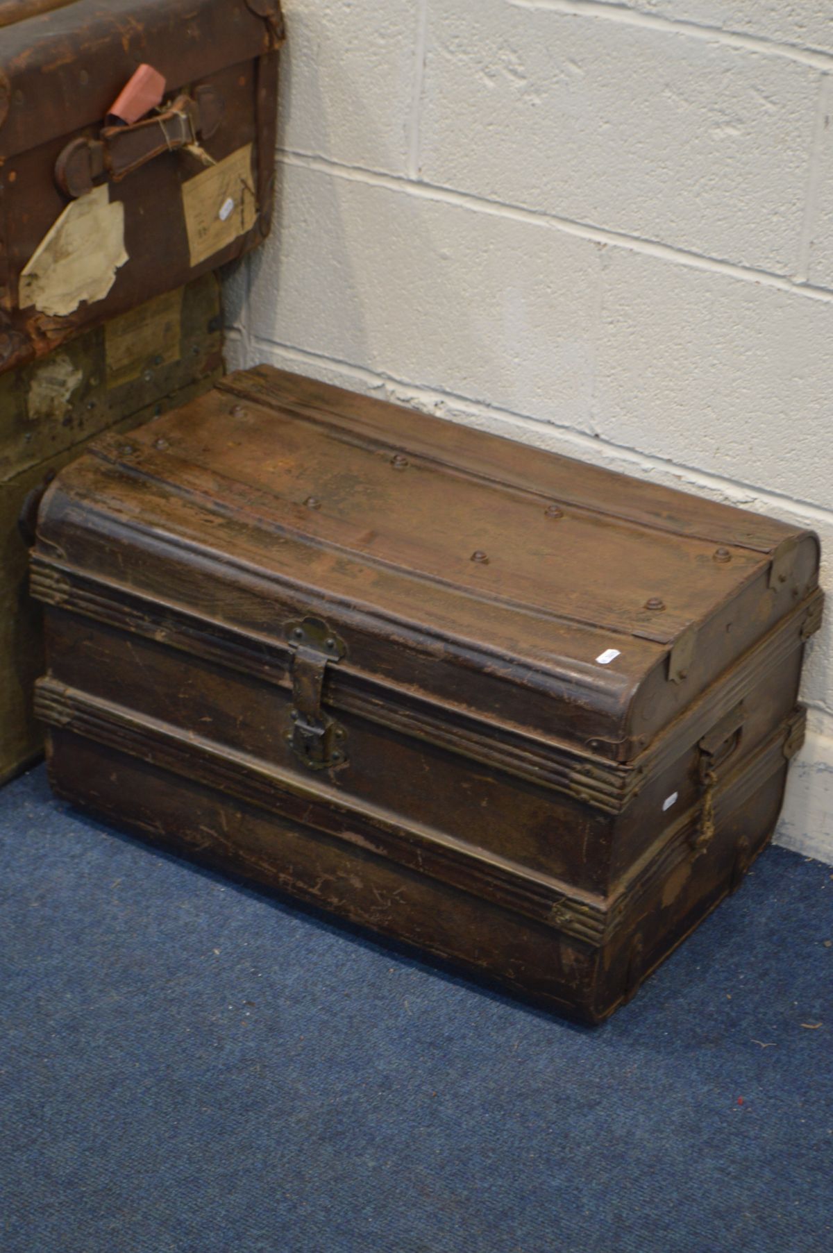 THREE VINTAGE TRUNKS, to include a fabric and wooden trunk, tin trunk, etc (Sd) along with two - Image 4 of 4