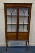 AN EDWARDIAN MAHOGANY AND MARQUETRY PAINTED ASTRAGAL GLAZED TWO DOOR DISPLAY CABINET, with two