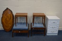 A TEAK FOOTSTOOL, along with an oak footstool, a pair of teak occasional tables, rustic coffee table