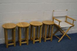 FOUR CIRCULAR TOPPED OAK STOOLS/TABLES, height 56cm and a folding director's chair (5)