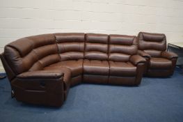 A LA-Z- BOY BROWN LEATHER CORNER SOFA, with electric recliners to each ends, length 250cm x depth