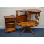 FOUR VARIOUS PIECES OF YEWWOOD OCCASIONAL FURNITURE, to include an oval coffee table, nest of