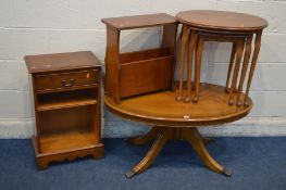 FOUR VARIOUS PIECES OF YEWWOOD OCCASIONAL FURNITURE, to include an oval coffee table, nest of