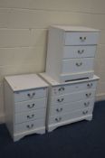 A WHITE FINISH CHEST OF FOUR LONG DRAWERS together with two bedside cabinets (3)