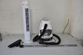 A MORPHY RICHARDS PROFILE PULL ALONG VACUUM CLEANER and a Morrison's Tower Fan (both PAT pass and