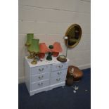 A PAIR OF WHITE THREE DRAWER BEDSIDE CABINETS, along with seven various lamps including a retro