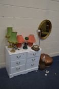 A PAIR OF WHITE THREE DRAWER BEDSIDE CABINETS, along with seven various lamps including a retro
