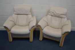 A PAIR FJORDS HJELLEGJERDE ALFA 510 FS31 CREAM LEATHER RECLINING CHAIRS