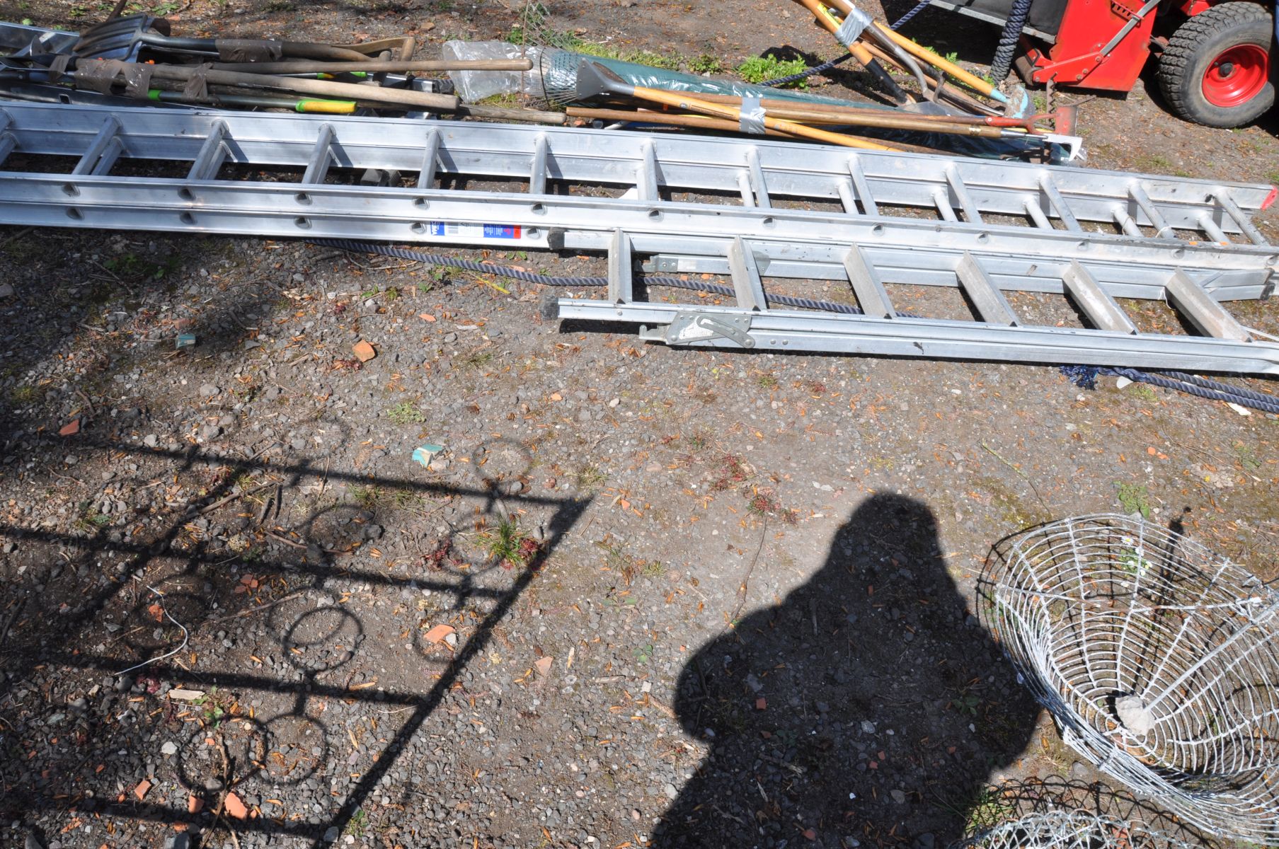 A PRIMA 740 ALUMINIUM DOUBLE EXTENSION LADDER 395cm closed and 727cm extended and a 2m long step