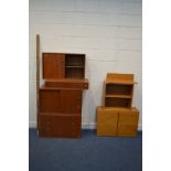 A DANISH STYLE TEAK FIVE PIECE MODULAR WALL SHELVING SYSTEM, comprising two sliding door cabinets, a