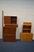 A DANISH STYLE TEAK FIVE PIECE MODULAR WALL SHELVING SYSTEM, comprising two sliding door cabinets, a