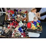 THREE BOXES OF DOLLS, COSTUME DOLLS AND SOFT TOYS, including Disney and South Park characters,