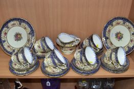 A BOXED ROYAL WORCESTER FORTY PIECE TEA SET, transfer printed blue and gilt ground with printed