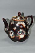 A LATE VICTORIAN BARGEWARE POTTERY TEAPOT AND COVER, named for 'MARY ANN HEATH', and with applied