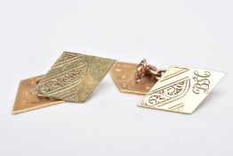 A PAIR OF 9CT GOLD CUFFLINKS, of a lozenge shape, engraved floral design with initials 'BSC',