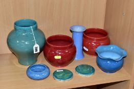 A SMALL QUANTITY OF ART POTTERY COMPRISING, a green glazed 'Lakes' Cornish Pottery, Truro baluster