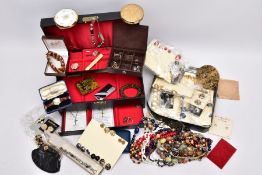 A BOX OF MOSTLY COSTUME JEWELLERY AND OTHER ITEMS, to include a black tiered jewellery box with