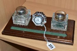 A MODERN MAHOGANY STAINED DESKSTAND, fitted with a pair of Royal Brierley cut glass inkwells with