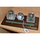 A MODERN MAHOGANY STAINED DESKSTAND, fitted with a pair of Royal Brierley cut glass inkwells with