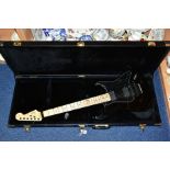 A STRAT TYPE GUITAR, in black and maple, two piece neck and fingerboard with Fender USA 1984 decals,