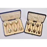 TWO CASED SETS OF SILVER, GUILLOCHE ENAMEL COFFEE AND TEASPOONS, the first a set of six pink