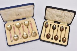 TWO CASED SETS OF SILVER, GUILLOCHE ENAMEL COFFEE AND TEASPOONS, the first a set of six pink