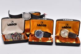 FOUR BOXED 'LANCO' WRISTWATCHES the first with a gold plated case, champagne dial signed 'Lanco'