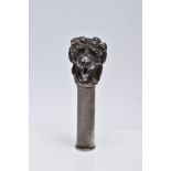 A LATE VICTORIAN SILVER PARASOL HANDLE, in the form of a realistically textured dog with collar,