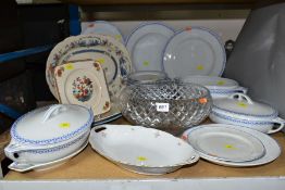 A GROUP OF CERAMICS AND A CUT GLASS BOWL, including a Schlaggenwald Czechoslavakian part blue and