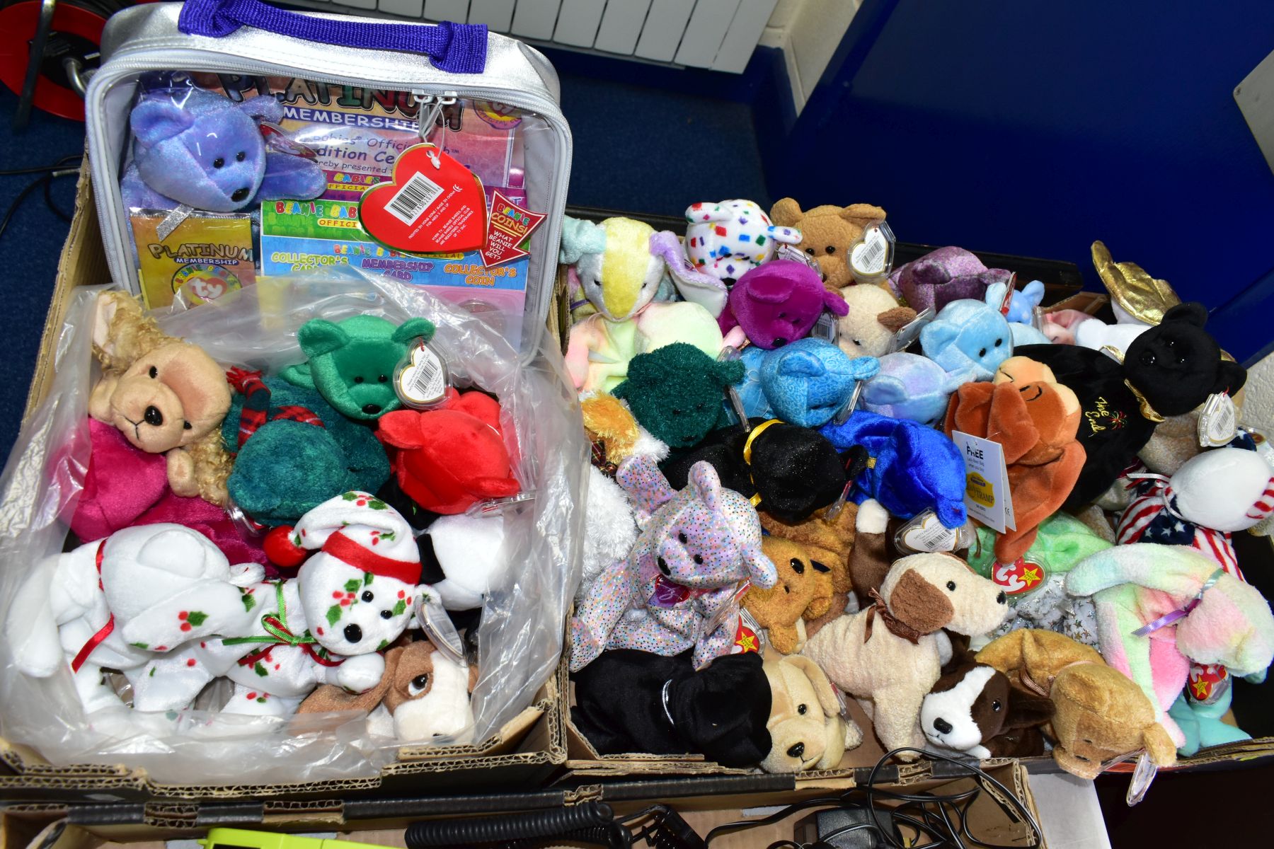 TWO BOXES OF ASSORTED TY BEANIE BABIES, majority with tags, includes Platinum Membership case,