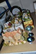 THREE IRIDESCENT MUSHROOM SHAPED PAPERWEIGHTS, one base broken, two boxed Lilliput Lane with