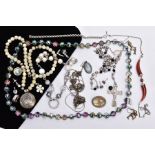 A BAG OF ASSORTED JEWELLERY, to include a mother of pearl beaded necklace suspending a white metal