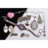 A BAG OF ASSORTED JEWELLERY, to include a pair of silver engine turn designed cufflinks,