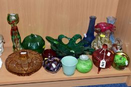 A COLLECTION OF COLOURED GLASSWARE, including a Sarah Peterson Caithness Heartbow bowl, a Murano