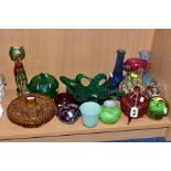 A COLLECTION OF COLOURED GLASSWARE, including a Sarah Peterson Caithness Heartbow bowl, a Murano