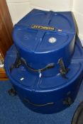 A SET OF FOUR HARDCASE DRUM CASES IN BLUE, comprising of a 10 inch, 12 inch, 14 inch and 22 inch (