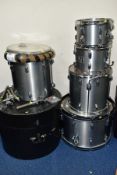 A ROGERS RX8 FIVE SHELL DRUM KIT, in smoke grey with a set of LeBlond fibre cases comprising a 22