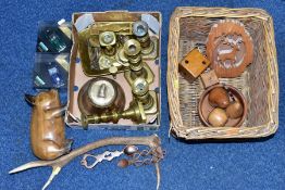A SMALL BOX OF METALWARES AND A WICKER BASKET OF TREEN, etc including two boxed Vitesse models of