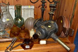 SUNDRY ITEMS ETC, to include a steelyard balance coaching lamp, wooden coal scuttle and shovel,